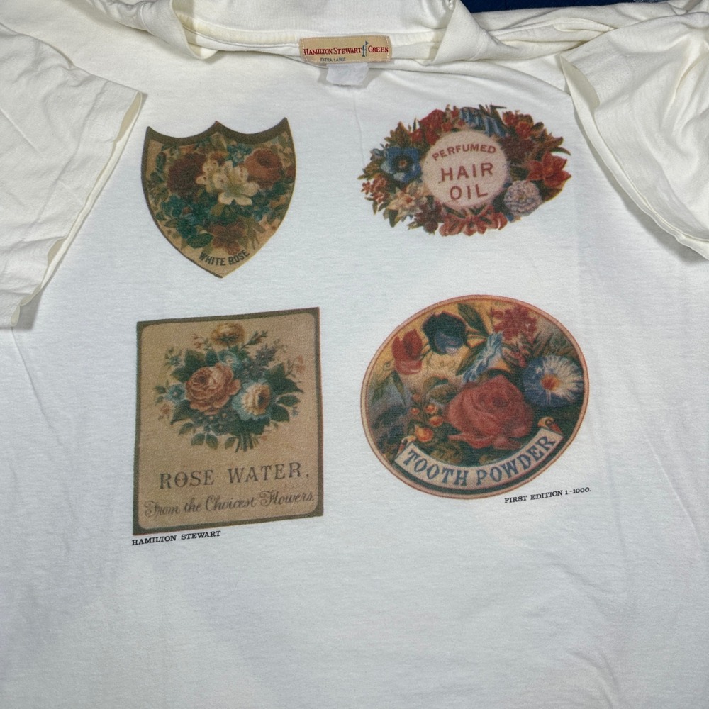 Vintage Hamilton Stewart Green Graphic T-Shirt White XL First Edition 1-1000